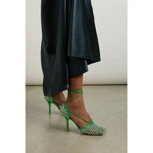 Bottega Veneta Sparkle Stretch Crystal Lace-Up Sandals, Parakeet Green, EU 38.5
